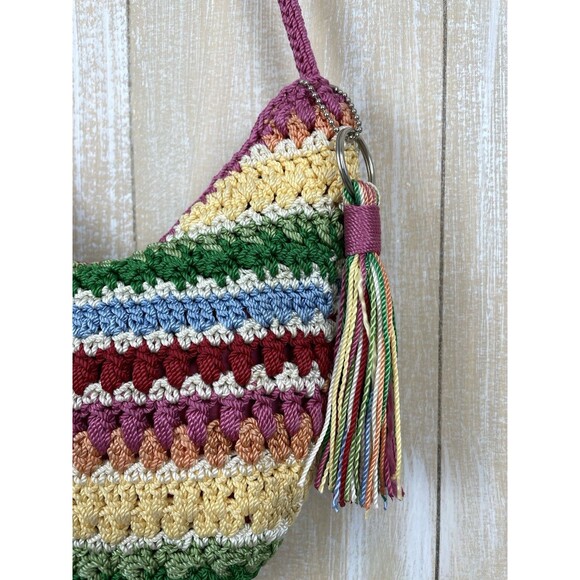 THE SAK Rainbow Crochet Crossbody Bag Boho Festival 9" x 9" Pink Tassel Keychain - Picture 3 of 14